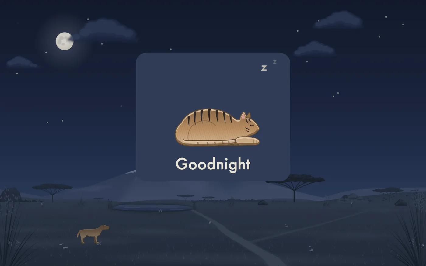 Bedtime: the savanna at night under the moon, with a goodnight card