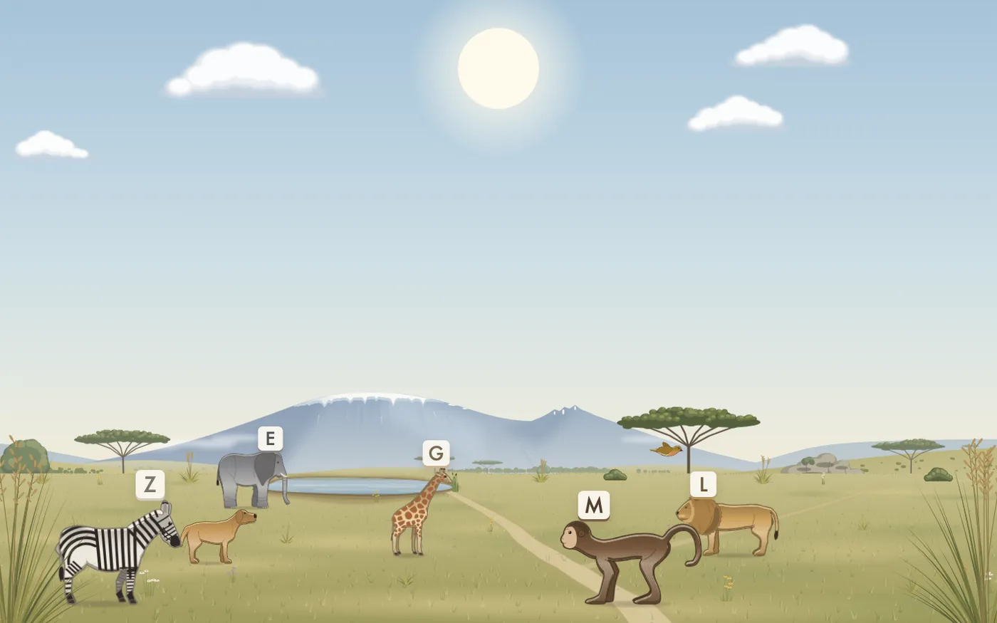 The Animals world in play: big animals up close from the bottom row, smaller ones in the middle and far away, a bird in the sky, each wearing its letter