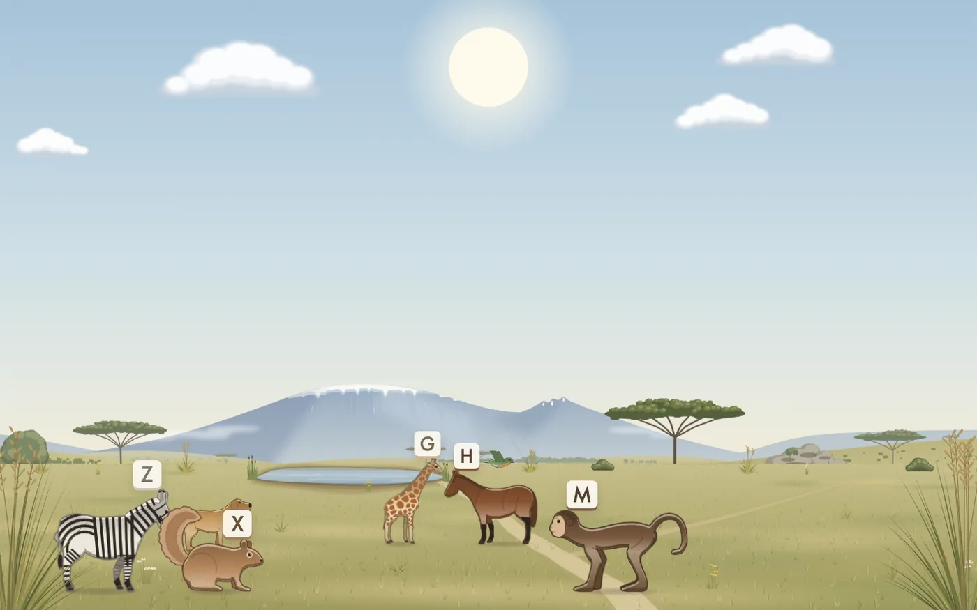 The Animals world: zebra, giraffe, elephant and others on an African savanna below Kilimanjaro